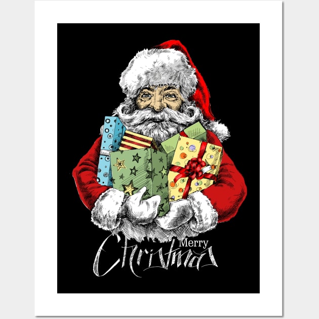 Santa Claus Merry Christmas Holding Gift Sketchy Wall Art by Mako Design 